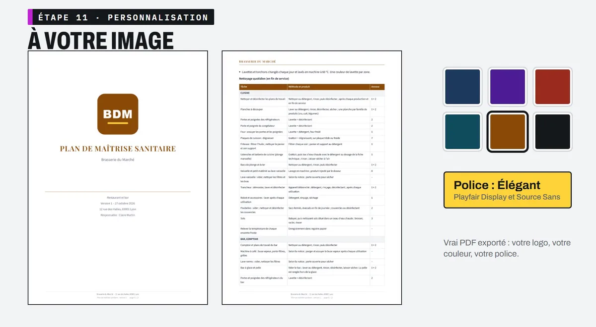 Aperçu du PDF exporté par Mon PMS : page de garde du plan de maîtrise sanitaire et plan de nettoyage, avec choix de la couleur et de la police