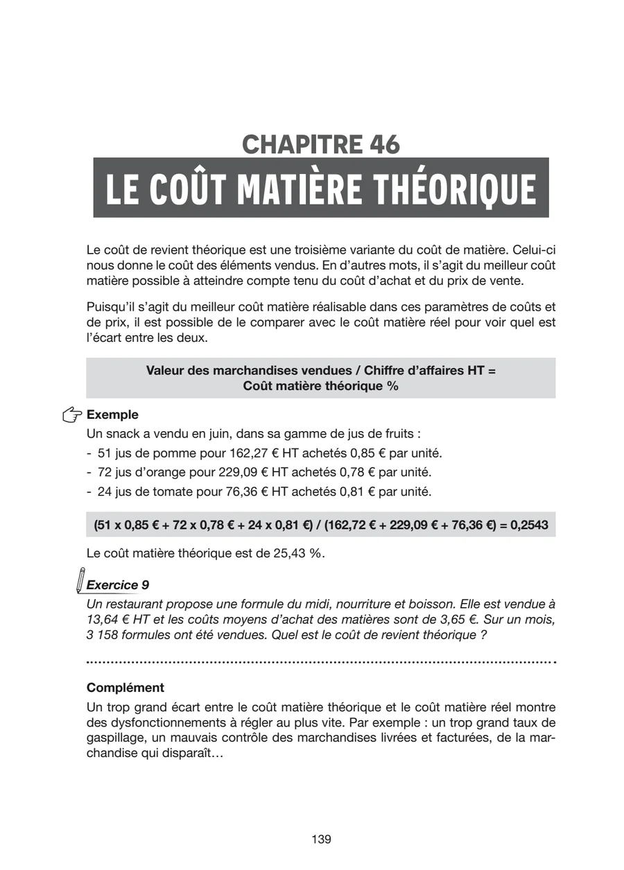 Chapitre 46, le coût matière théorique, extrait du livre La Gestion en Restauration